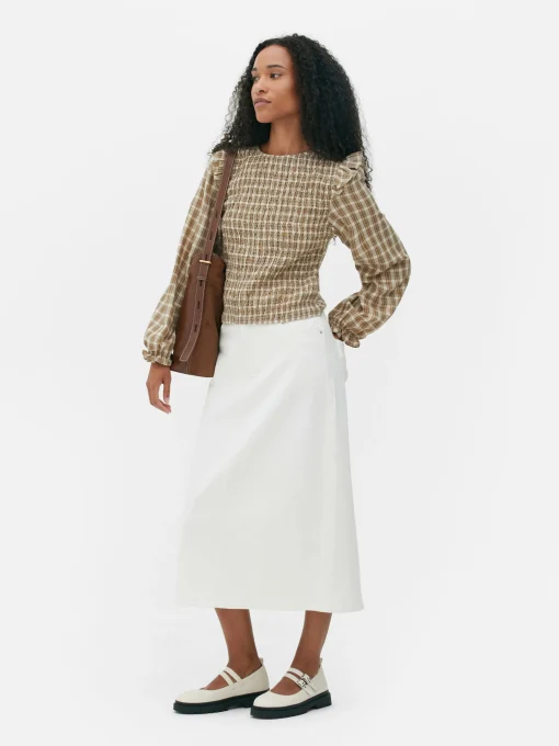 Check Shirred Long Sleeve Blouse