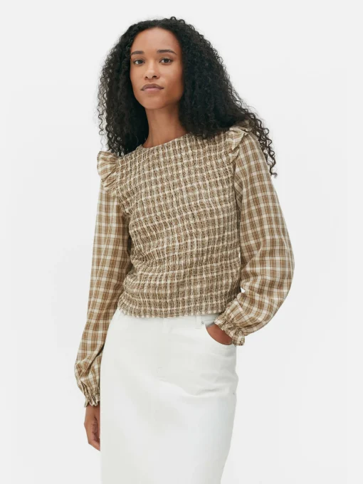 Check Shirred Long Sleeve Blouse