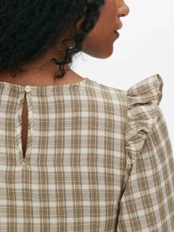 Check Shirred Long Sleeve Blouse