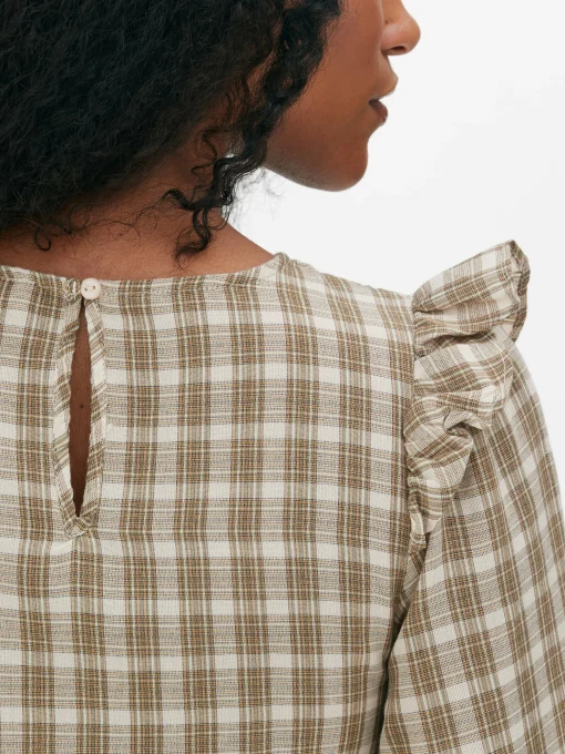 Check Shirred Long Sleeve Blouse