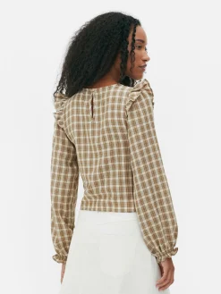Check Shirred Long Sleeve Blouse