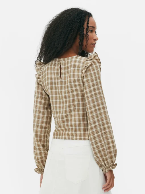 Check Shirred Long Sleeve Blouse