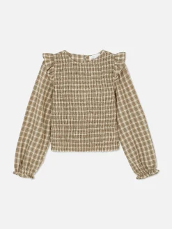 Check Shirred Long Sleeve Blouse