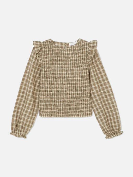 Check Shirred Long Sleeve Blouse
