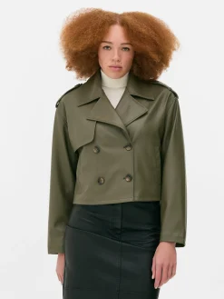 Cropped Faux Leather Trench Coat