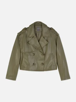 Cropped Faux Leather Trench Coat