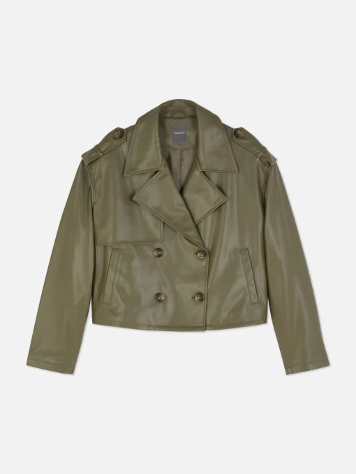 Cropped Faux Leather Trench Coat