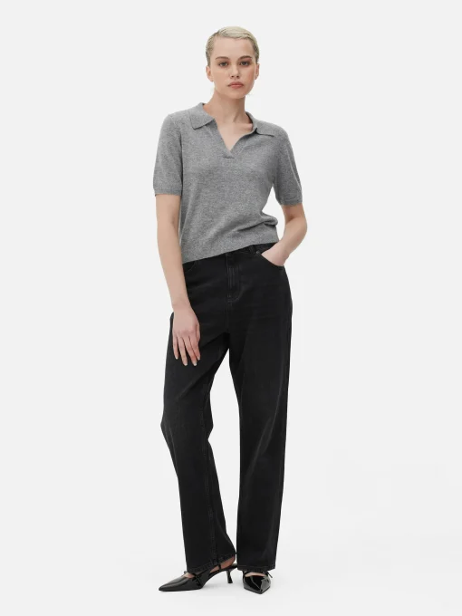 Fine Knit Collared Short Sleeve Top