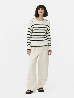 Laced Shoulder Striped Sweater