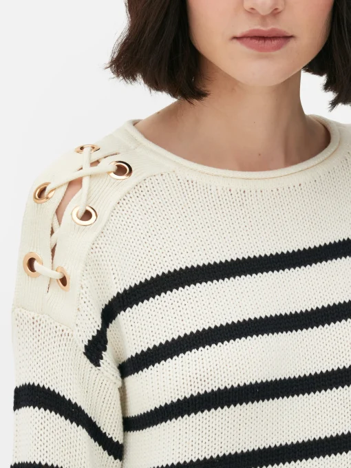 Laced Shoulder Striped Sweater