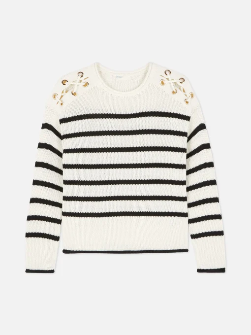Laced Shoulder Striped Sweater
