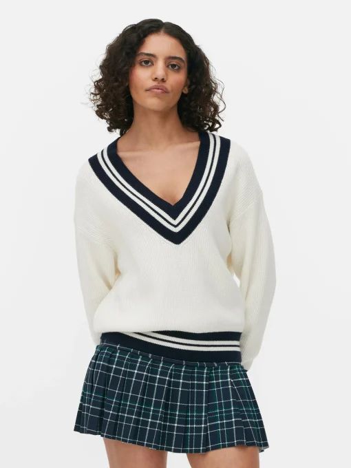 Stripe Accent V-Neck Sweater