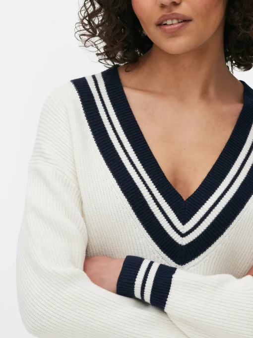 Stripe Accent V-Neck Sweater