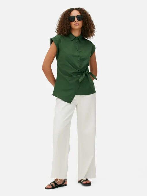 Tie Front Cap Sleeve Shirt
